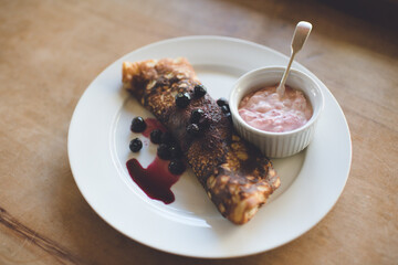 Crepe with blueberry sauce in Nelson Cafe, New Zealand