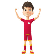 Cheerful cartoon character boy in sports uniform celebrating a victory. 3d render illustration.