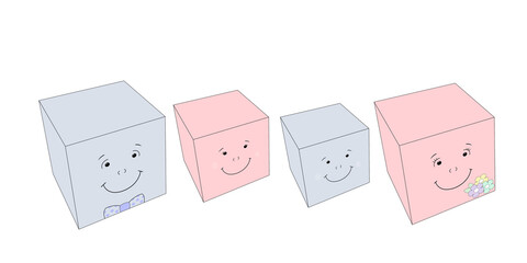 cartoon family of four cubes, 3d illustration isolated on white background