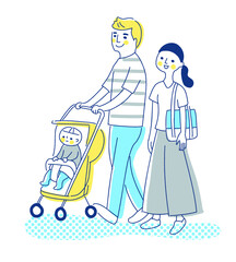 赤ちゃんをベビーカーに乗せて歩く夫婦