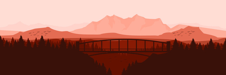 bridge on the mountain sunset landscape vector illustration good for travel, camping, outdoor, background, wallpaper, tourism, and advertising