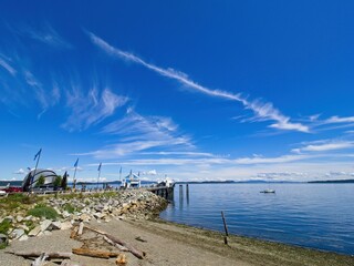 Spectacular clouds over Sidney BC shoreline, seaside boardwalk