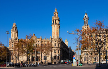 Fototapeta na wymiar Elegant building of Central Post Office of Barcelona on Passeig de Colom in sunny winter day, Spain