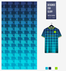 Soccer jersey pattern design. Geometric pattern on blue abstract background for soccer kit, football kit or sports uniform. T-shirt mockup template. Fabric pattern. Sport background. 