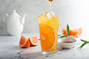 Grapefruit honey jasmine tea served cold with ice