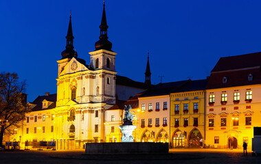 Picturesque view of city of Jihlava and Masaryk Square with Saint Ignatius Church at night, Czech Republic