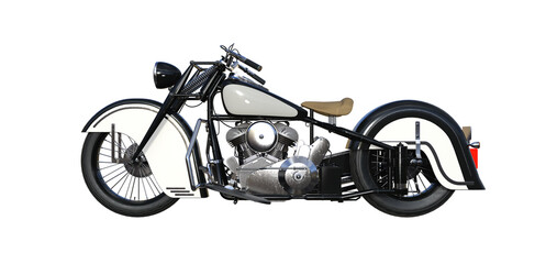Old sports motorcycle with two cylinder engine. Object isolated on white background and rendered at different angles. 3d rendering, 3d illustration.