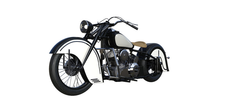 Old sports motorcycle with two cylinder engine. Object isolated on white background and rendered at different angles. 3d rendering, 3d illustration.