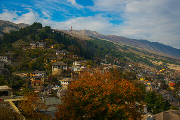 GJIROKASTRA, ALBANIA: Top view of the beautiful old town of Gjirokastra