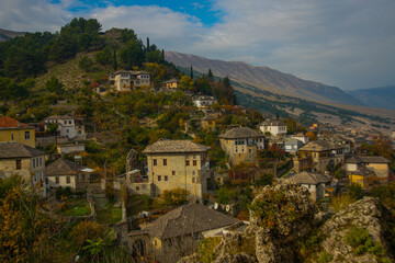 GJIROKASTRA, ALBANIA: Top view of the beautiful old town of Gjirokastra