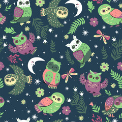 Seamless pattern with owls and flowers. Vector graphics.