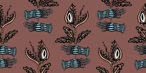 Magic hands holding a hungry carnivorous flower predator plant venus flytrap seamless pattern background.