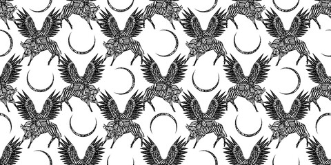 Dreamy flying wild magic winged ox, bison or bull seamless pattern in minimalism aesthetic background.