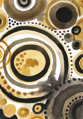 Watercolor abstract brown, yellow, black hand-drawn round circle, line, scribble. Banner template with copy space. Creative background for invite, celebration, card, wrapping, sketchbook, notebook
