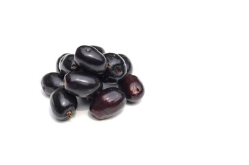 Closeup of Malabar Plum or Jamun Isolated on White Background with Copy Space, Also Known as Black Plum, Syzygium Cumini or Jambolan