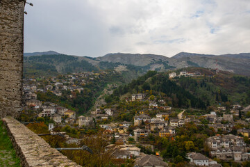 GJIROKASTRA, ALBANIA: Gjirokastra town cityscape top view from Castle.
