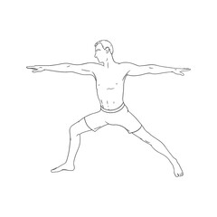 Yoga warrior asana or virabhadrasana I. Man practicing yoga asana. Engraved vector illustration isolated on white background