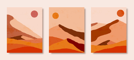 Set of Abstract Landscape of Mountains and Sun in a Minimal Trendy Style. Vector Background in Brown and Orange Colors