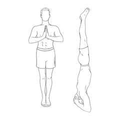 Yogi man in headstand and prayer pose. Man practicing yoga asanas. Engraved vector illustration in white background