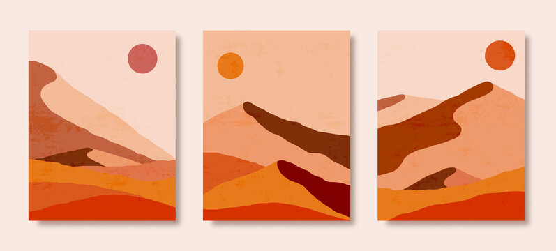 Set of Abstract Landscape of Mountains and Sun in a Minimal Trendy Style. Vector Background in Brown and Orange Colors
