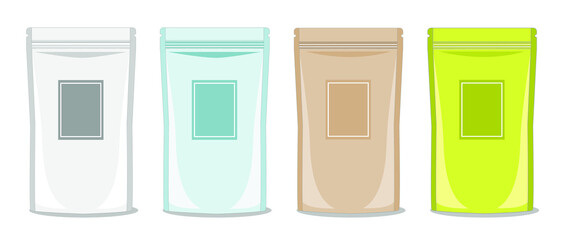 Colorful blank doypack pouch bag for food  packaging with zipper. Mock up template ready your product design vector isolated on white background for packing snack or chips.