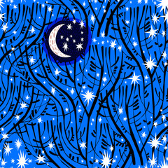 Tree branches at dreamy night with moon and stars natural seamless pattern in minimalism aesthetic background.