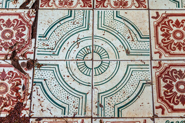 Sochi, Russia, April 14, 2021. An old abandoned dacha (dacha of Colonel Kvitko) on the Black Sea coast, a historical and cultural landmark. Fragment of the interior. Tiled floor in the room