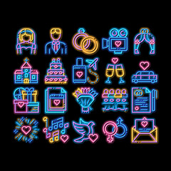 Wedding neon light sign vector. Glowing bright icon Bride And Groom, Rings And Limousine Wedding Elements Pictograms. Church And Arch, Fireworks And Dancing Illustrations