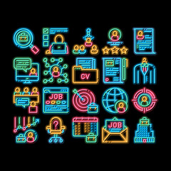 Job Hunting Elements neon light sign vector. Glowing bright icon Hunting Business People And Recruitment Candidate, Team Work And Partnership Illustrations