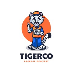Vector Logo Illustration Tiger Delivery Mascot Cartoon Style.