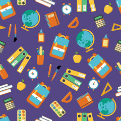 Back to school. Seamless pattern with school elements. Hand-drawn flat style. Design for fabric, textile, wallpaper, packaging.	