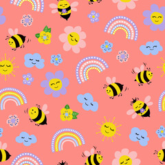 Fototapeta na wymiar Bee Seamless pattern. Cute hand drawn bees, flowers, clouds, rainbow, sun. Design for fabric, textile, wallpaper, packaging, for children.
