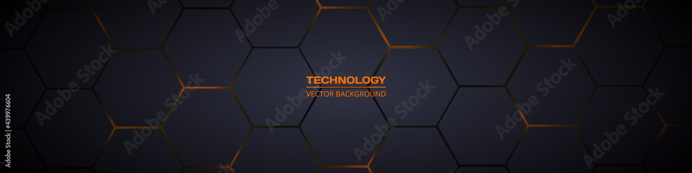 Wall mural dark gray and orange horizontal hexagonal technology abstract vector background. orange bright energ