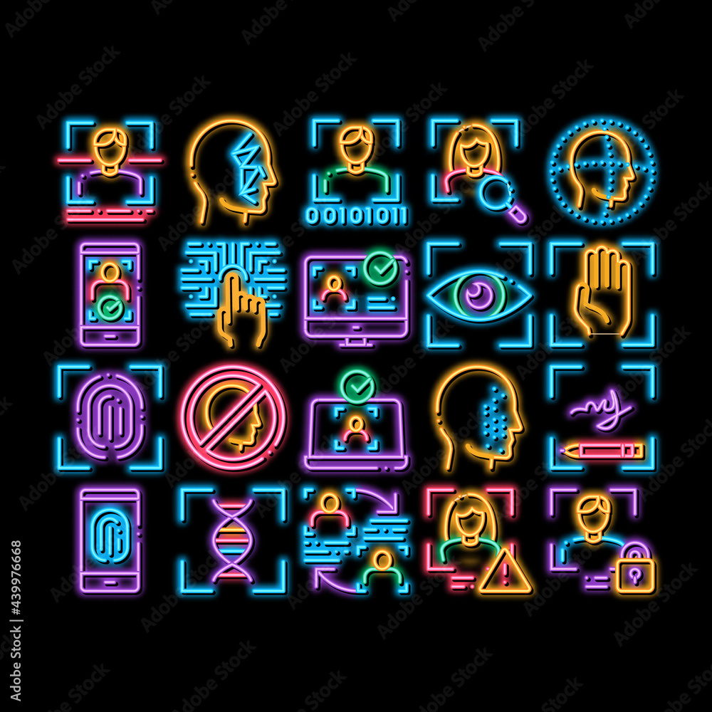 Sticker Recognition Elements neon light sign vector. Glowing bright icon Eye Scanning, Biometric Recognition, Face Id Systems, Human Silhouette Illustrations