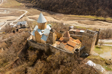 Fototapeta premium Top view of the popular ancient fortess of Ananuri, which served as a defensive structure, located between the Georgian..Military Road and Zhinvali Reservoir, Georgia