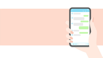 スマートフォン・メッセージアプリイメージ素材：スマホを持つ人の手とトーク画面 - HD16:9比率・ピンク - obrazy, fototapety, plakaty