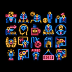 Boss Leader Company neon light sign vector. Glowing bright icon Boss On Tablet And Cup With Crown, Meeting And Presentation, Fired And Document Illustrations