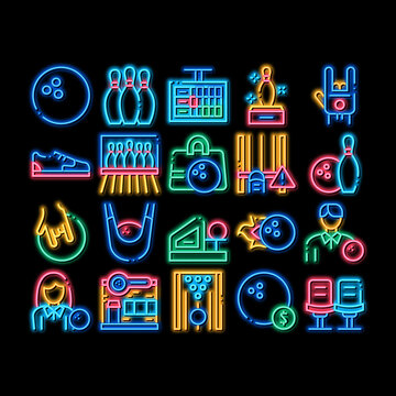 Bowling Game Tools neon light sign vector. Glowing bright icon Bowling Ball and Skittle, Building And Stool, Scoreboard And Shoe, Player And Hand Gesture Illustrations
