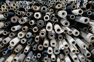 Closeup of rolls of textile and fabric for roller blinds in a factory