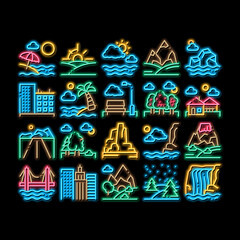 Landscape Travel Place neon light sign vector. Glowing bright icon City And Seaside, Island And Mountain, Bridge And Park Landscape Illustrations