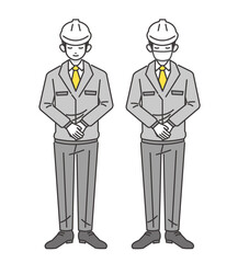 お辞儀をする作業着の男性のベクターイラスト素材／マスク／現場監督／工事／全身