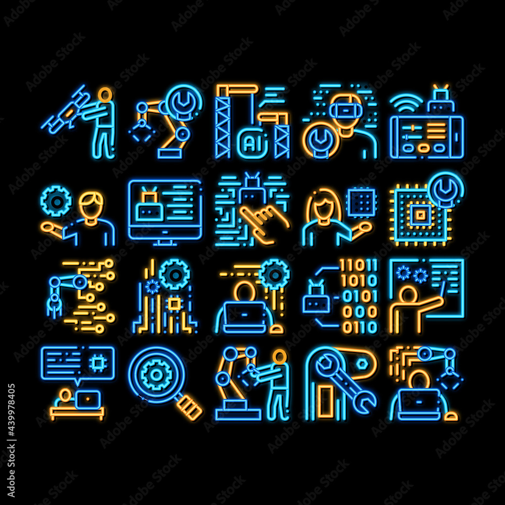 Poster robotics master neon light sign vector. glowing bright icon human worker with drone and robot machin