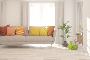 White living room with sofa and orange pillows. Scandinavian interior design. 3D illustration