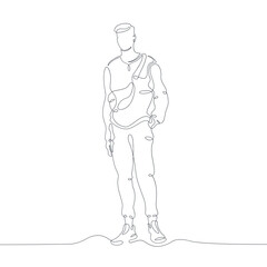 Fototapeta na wymiar One continuous line.Young man for a walk. Fashionable design for casual wear. Trendy hipster. One continuous drawing line logo isolated minimal illustration.