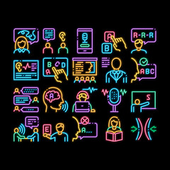 Speech Therapist Help neon light sign vector. Glowing bright icon Speech Therapist Therapy, Alphabet And Blackboard, Phone And Microphone Illustrations