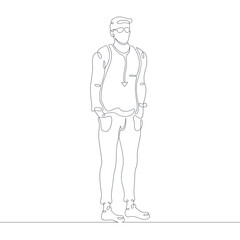 One continuous line.Young man for a walk. Fashionable design for casual wear. Trendy hipster. One continuous drawing line logo isolated minimal illustration.