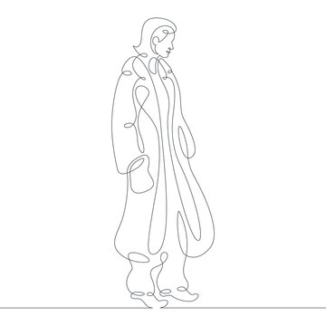 One continuous line.Young woman in a fashionable coat. Stylish urban style of women's clothing.One continuous drawing line logo isolated minimal illustration.