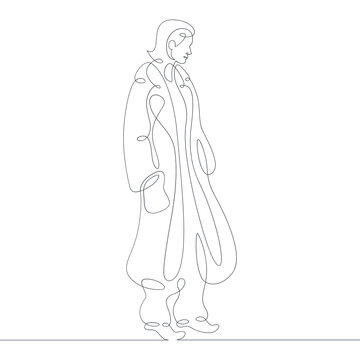 One continuous line.Young woman in a fashionable coat. Stylish urban style of women's clothing.One continuous drawing line logo isolated minimal illustration.