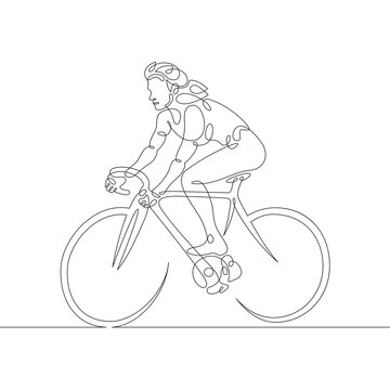 One continuous line.Young woman rides a bicycle. Cycling ride. One continuous drawing line logo isolated minimal illustration.