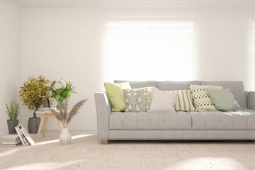 Soft color living room with sofa. Scandinavian interior design. 3D illustration